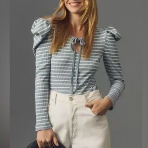 NWT Anthropologie Porridge Puff Sleeve Tie Front Top Blue White Stripe Size XL